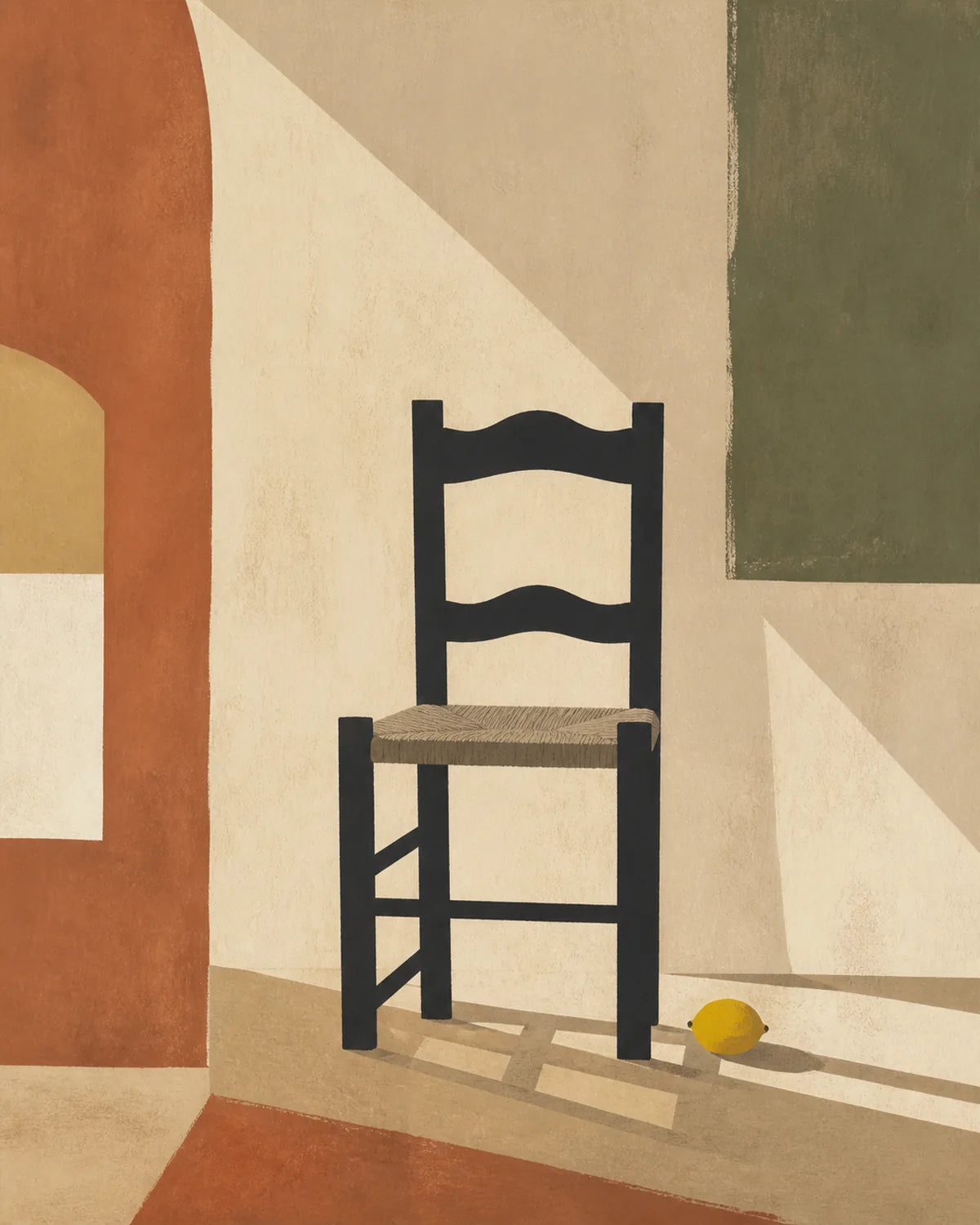 Abstract artwork of a Menorcan chair and lemon in warm Mediterranean light
